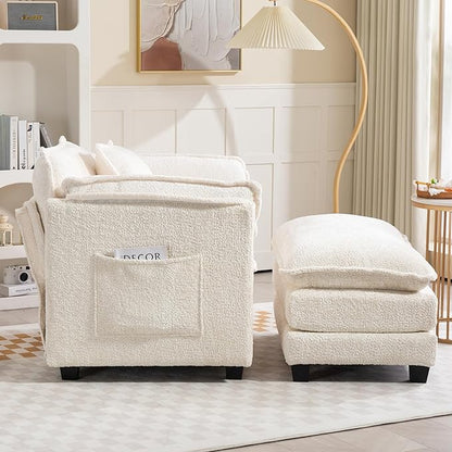 Furniliving Oversized Accent Chairs with Ottoman, Luxury Boucle Single Sofa, Upholstered Deep Seat Chaise Lounge with Pillows for Living Room, Bedroom, Apartment, Beige