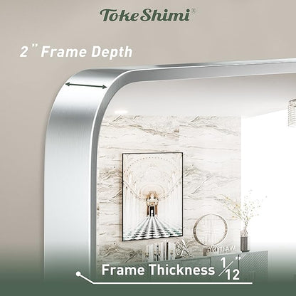 TokeShimi 60 x 36 Inch Brushed Silver Bathroom Mirror for Wall Brushed Brass Metal Rounded Corner Rectangle Mirror Metal Frame Deep Set Design Hangs Horizontal Or Vertical