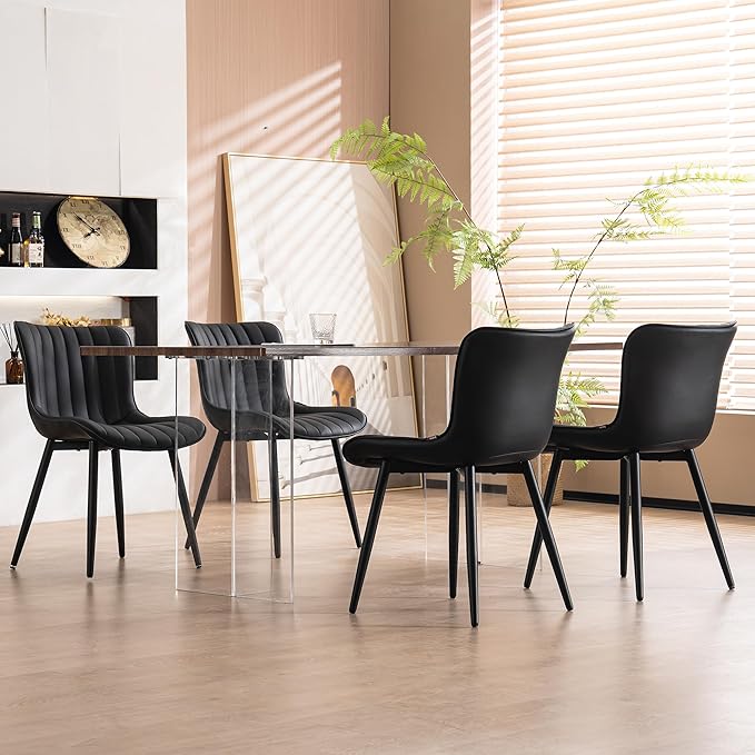 YOUNUOKE Black Dining Chairs Set of 2, Mid-Century Modern Faux Leather Upholstered Armless Kitchen Chairs, Metal Legs, 300 LBS Capability, Minimalist Accent Chair for Living Room