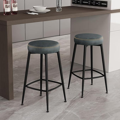 Counter Height Bar Stools, 26" H Backless Bar Stools Set of 2, Upholstered Faux Leather Kitchen Counter Stools, Mid Century Modern, Kitchen Island Home Bar, Pub, Black Blue