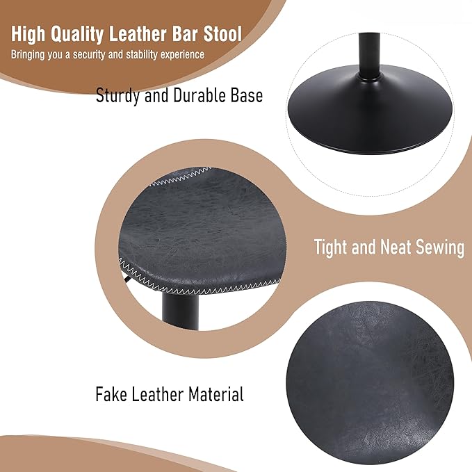 Bar Stools, Swivel Counter Height Barstools with Back, Adjustable Modern Bar Chairs, Tall Armless PU Leather Kitchen Island Stool (Black 02, Set of 3)