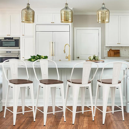 Yongqiang 26 inch Metal Bar Stools Set of 4 Farmhouse Kitchen Island Counter Height Bar Chairs High Back Barstools with Large Wooden Seat Cream White
