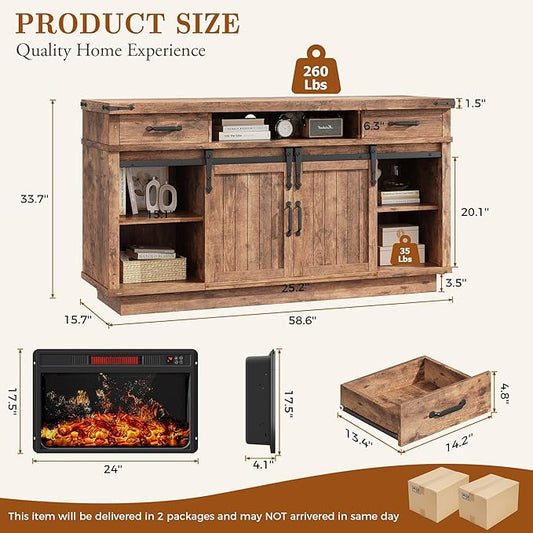 59'' Fireplace TV Stand with 3D Flame Electric Fireplace Heater, 34'' Tall Farmhouse TV Stand for 65 Inch TV, Entertainment Center TV Console with 2 Drawers, Sliding Barn Door for Living Room - Brown