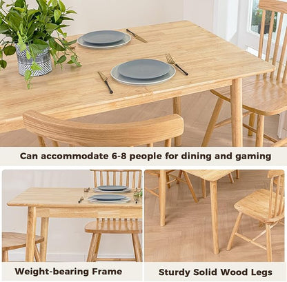 DELAVIN 59" Large Solid Wood Dining Table for 4-6 People, Mid Century Modern Oak Dining Room Table, Farmhouse Rectangular Kitchen Table for Dining Room, Living Room, Easy Assembly, Natural