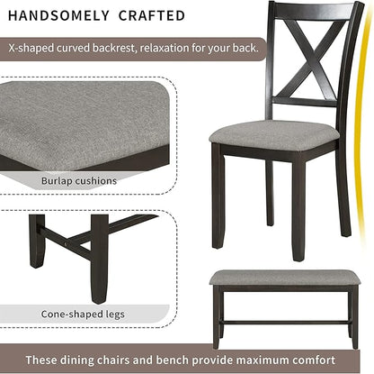 SogesPower 6-Piece Kitchen Dining Table Set for 4-6,Rectangular Dining Table with 4 Fabric Chairs & 1 Bench for Dining Room Living Room,Espresso