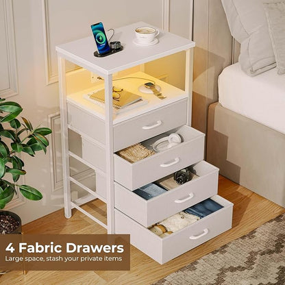 Seventable Night Stand with Charging Station, Tall Nightstand with 4 Fabric Storage Drawers, Side Table with LED Light for Bedroom, Entryway, White, Set of 2