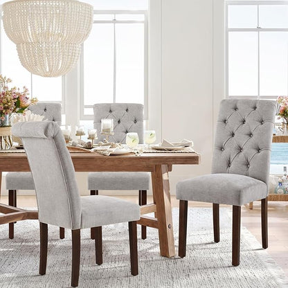COLAMY Button Tufted Dining Chairs Set of 6, Parsons Upholstered Fabric Dining Room Chairs Kitchen Chairs with Wood Legs and Padded Seat, Light Grey