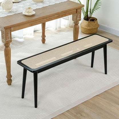 Entryway Bench, Solid Wood Kitchen Dining Bench, Mid Century Modern End of Bed Bench with Rattan Woven Top for Bedroom, Dining Room, Entry Way, 47.2" L x 11.2" W x 17.7" H, Black