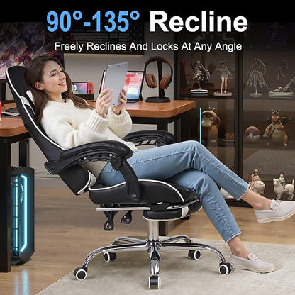 VECELO Ergonomic Gaming Chair with Footrest, Comfy Recliner Computer Chair, Swivel Seat, Height Adjustable, High Back PU Leather, Lumbar Support, Headrest for Adults, Black