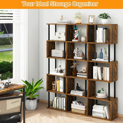 IBUYKE 6-Tier Tall Bookshelf,S-Shaped Geometric Bookcase, Wood Display Shelves with Storage,Industrial Bookshelf for Living Room Bedroom, Home Office, Rustic Brown WBC016H