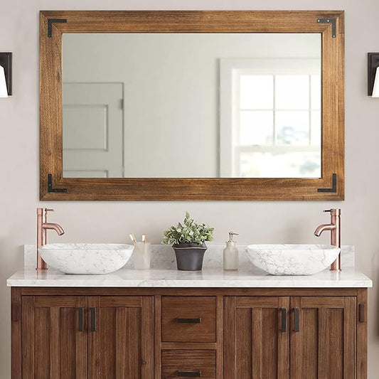 YOSHOOT Rustic Wooden Framed Wall Mirror, Natural Wood Bathroom Vanity Mirror for Farmhouse Decor, Vertical or Horizontal Hanging