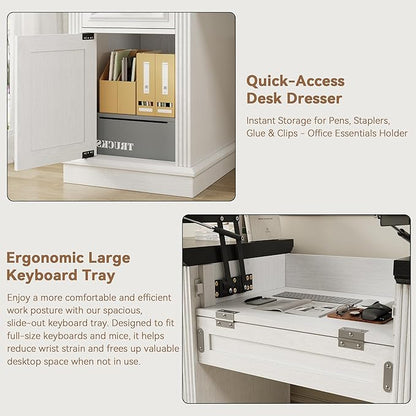 Farmhouse 57" Lift Desktop Executive Desk with 6 Drawers and Charging Station, Wood Home Office Computer Desk with File Cabinet Storage, Keyboard Tray,Headphone hook for Work,Study, Antique White