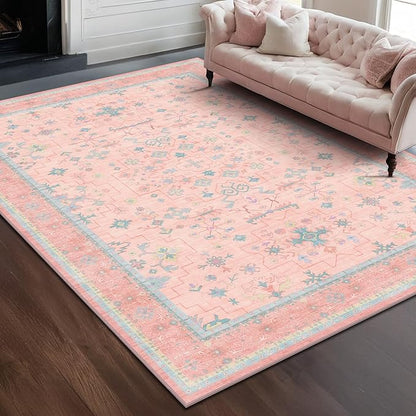 Pink Rugs for Bedroom Girls, 5x7 Washable Area Rug for Living Room Nursery Kids Baby Playroom Indoor Decor, Oushak Floral Vintage Low Pile Boho Non Slip Foldable Carpet