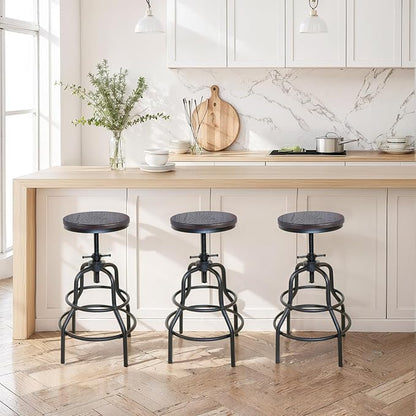 LOKKHAN Vintage Industrial Bar Stool-Rustic Swivel Bar Stool-Round Walnut Wood Metal Stool-Counter/Bar Height Adjustable Pipe Stool-Cast Steel Stool 23.62"-29.52" (Set of 2)