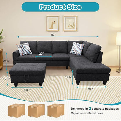 Couches for Living Room Modern L Shaped Couch Comfy Linen Fabric 3 Pieces Sectional Sofa with Chaise, Ottoman with Storage for Office and Small Apartment, Dark Grey