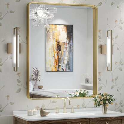 TokeShimi Bathroom Mirror for Wall 24 x 32 Inch Gold Brushed Brass Metal Rounded Corner Rectangle Mirror Wall Mirror in Metal Frame
