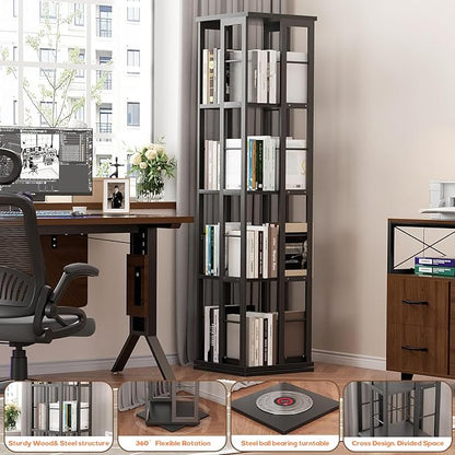 Aheaplus Rotating Bookshelf, 360 Display Wood Spinning Bookshelf, Floor Standing Bookcase Narrow Shelf Revolving Organizer Storage Rack for Small Space, Bedroom, Study Room, Black
