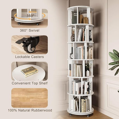 6 Tier Bookshelf Tower, 360° Solid Wood Spinning Bookcase with Swivel Wheels, Floor Standing Book Shelf for Small Space, Bookshelf for Home Office Study Room Bedroom Living Room