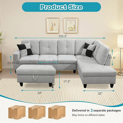 Couches for Living Room Modern L Shaped Couch Comfy Flannel Fabric 3 Pieces Sectional Sofa with Chaise, Ottoman with Storage for Office and Small Apartment, Light Grey