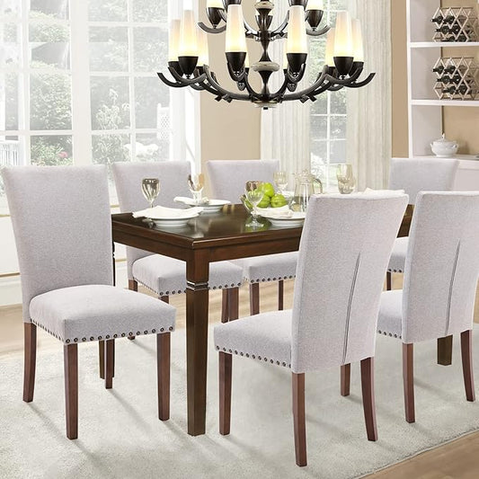 Parsons Dining Chairs Set of 2, Upholstered Nailhead Dining Room Kitchen Side Chair with Thick Cushions and Wood Legs, Light Grey