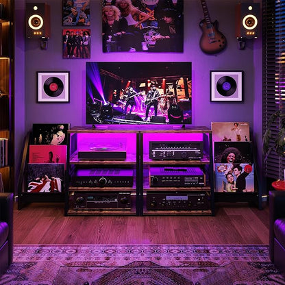 AV Media Stand with Outlets, Stereo Stands and Racks with Vinyl Storage, Stereo Stand with Record Storage, Audio Stereo Rack Cabinet, Turntable Console Stand with LED lights, 4 Tiers, Rustic Brown