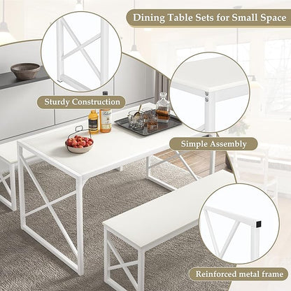 VECELO Kitchen Dining Table Set for 4, 55" Wood Rectangle Dinette with 2 Benches, Heavy-Duty Metal Frame for Small Space, Breakfast Nook, White