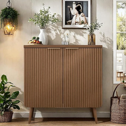 Buffet Cabinet, Sideboard Fluted Cabinet Modern Kitchen Buffet Storage Cabinets with Doors and Shelves, Wood Farmhouse Coffee Bar Station for Entryway & Dining Room & Living Room, Walnut