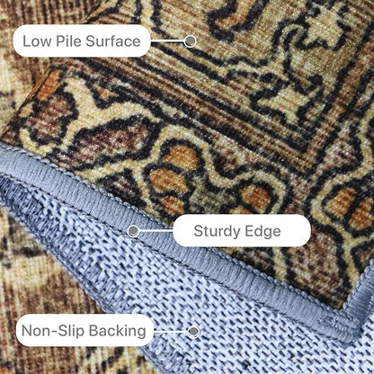 10X12 Area Rugs Machine Washable Rugs for Living Room, Vintage Boho Large Rugs for Bedroom Dining Room, Non Slip Indoor Soft Distressed Lightweight Thin Low Pile Carpet, Rustic Brown
