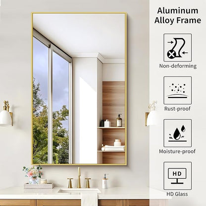 KOCUUY 30x48 Inch Large Gold Wall Mounted Mirror,Aluminum Framed Decorative Rectangular Bathroom Mirror for Wall Over Sink,Vanity Mirror for Bedroom Living Room Bathroom,Functional Oversized Mirror