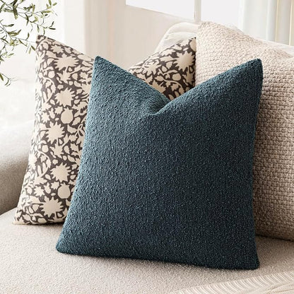 Foindtower Set of 2, Decorative Textured Boucle Throw Pillow Covers Accent Solid Pillow Cases Neutral Couch Cushion Case for Chair Sofa Bedroom Living Room Home Decor 24x24 Inch Dark Blue