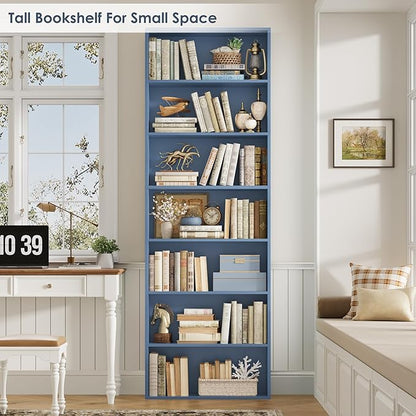 82" Tall Bookshelf, 7-Tier Open Shelves Bookcase, Freestanding Display Storage Shelves, Tall Bookcase Home Decor Furniture for Home Office, Living Room, Bedroom, Blue