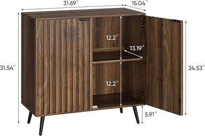 Smuxee Fluted Sideboard Cabinet, Freestanding Walnut Buffet Cabinet with Adjustable Shelf, Wood Storage Cabinet for Living Room, Entryway, Hallway