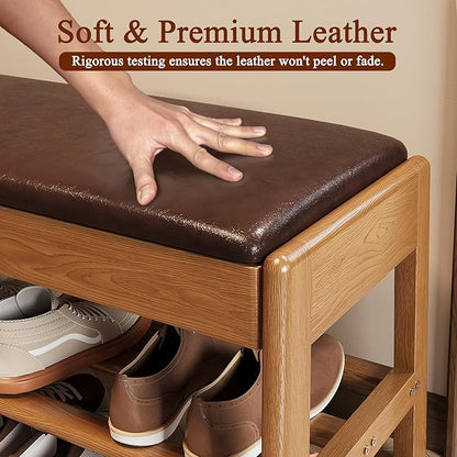 Shoe Rack Bench Seat Rubberwood 2-Tier Wooden Storage Bench 550lbs Compact Mid-Century Modern Design for Entryway, Hallway, Closet, Front Door Entrance, Foyer