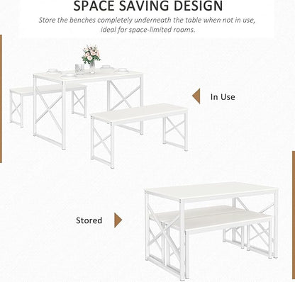 VECELO Dining Table with 2 Benches for 4, 43.3'' Wood Kitchen Room Dinette Sets with Metal Frame for Breakfast Nook and Small Space, White