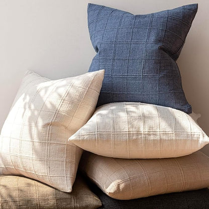 Foindtower Set of 2 Decorative Linen Check Throw Pillow Covers Neutral Farmhouse Vintage Cushion Covers Modern Coastal Boho Home Decor for Sofa Chair Couch Bedroom Living Room Outdoor,16×16 Inch,Blue