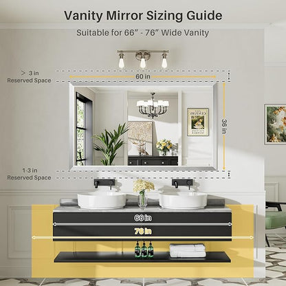 60x36 Inch Silver Bathroom Mirror for Wall, Thick Metal Framed Rectangle Mirrors for Over Sink, Bedroom, Living Room, Entryway, Anti-Rust, HD Tempered Glass