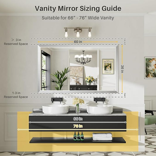 60x36 Inch Silver Bathroom Mirror for Wall, Thick Metal Framed Rectangle Mirrors for Over Sink, Bedroom, Living Room, Entryway, Anti-Rust, HD Tempered Glass