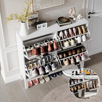 GarveeHome Fluted Shoe Storage Cabinet with 4 Flip Drawers, Narrow Wooden Shoe Organizer with Metal Legs, Modern Farmhouse Hidden Shoe Rack for Entryway, Hallway, White+Gray