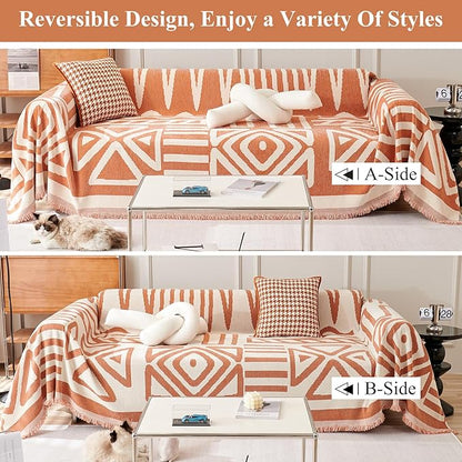 STACYPIK Geometric Orange Sofa Cover - Boho Triangle Reversible Protector for 3 Cushion Couch - Pet-Friendly, Washable Multi-Use Blanket - 91x150IN