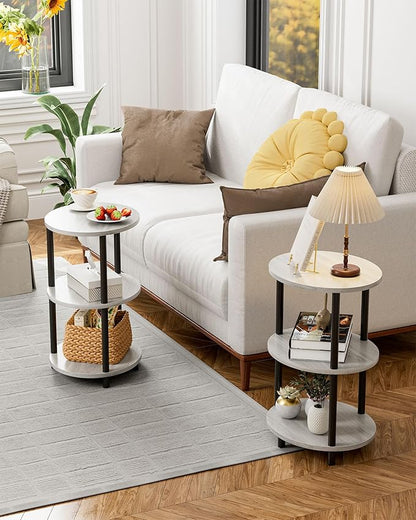 Small Round Side Table - 3-Tier Oval Accent Table for Small Spaces, Rustic Wood and Metal Couch End Table, Nightstand for Bedroom or End Table Living Room, Easy to Assemble, Greige