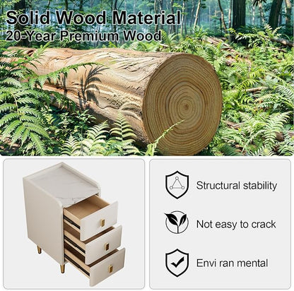 Narrow Nightstand with Drawers, Narrow Side Table Leather, Small Bedside Tables for Bedroom. (White)