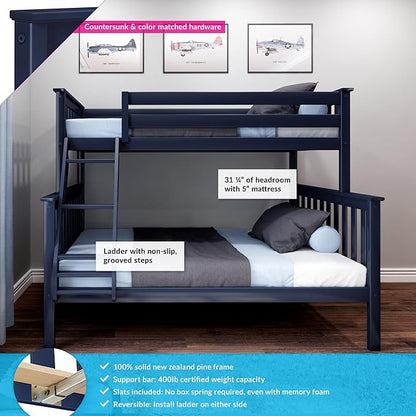Max & Lily Bunk Bed Twin Over Full Size with Ladder, Solid Wood Platform Bed Frame with Ladder for Kids, 14" Safety Guardrails, Easy Assembly, No Box Spring Needed, Blue
