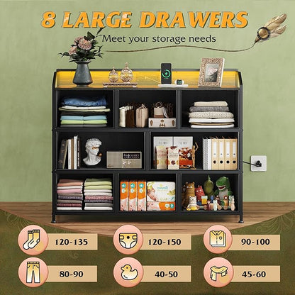 WLIVE Led Dresser for Bedroom, TV Stand for Bedroom with LED Lights and Power Outlet, Wide Chest of Drawers for Hallway, 8 Fabric Drawers for Living Room and Entryway, Charcoal Black Wood Grain Print