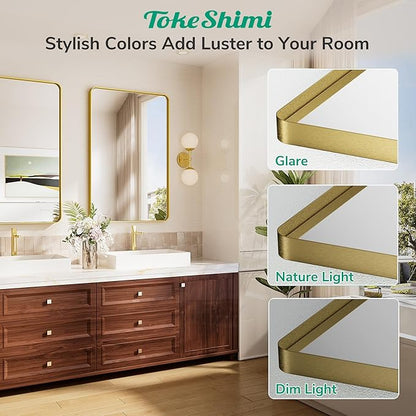 TokeShimi Brushed Gold Vanity Mirror 60x36,Bathroom Mirror Framed Aluminum,Tempered Glass,Rectangle Mirror for Bathroom,Shatterproof Bathroom Wall Mirror(Horizontal/Vertical)