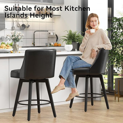 Vipbear Swivel Counter Height Bar Stools Set of 3,26.8" H Counter Stools with Back, Mid Century Modern Bar Stools for Kitchen Island,Faux Leather,Wooden Base, Black