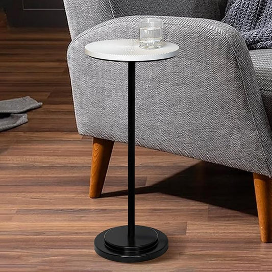Drink Table Set of 2, Weighted Base Pedestal Table, Martini Table,Small Side Table with Wooden Carved Table Top for Living Room, Bedroom, Modern, White and Black