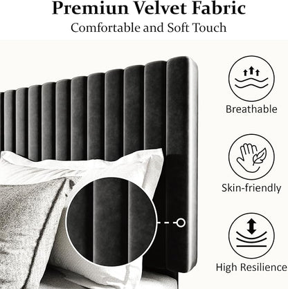 King Size Bed Frame with Velvet Upholstered Headboard, Platform Bed with Strong Wood Slats, Mattress Foundation, Box Spring Optional, Easy Assembly, Black