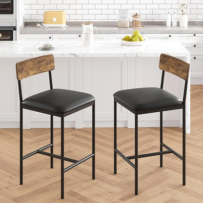 GarveeHome Bar Stools Set of 2, Upholstered Height Bar Stools with Backrest and Footrest, Kitchen Barstools for Island,Counter Bar, Easy Assembly, Rustic Brown