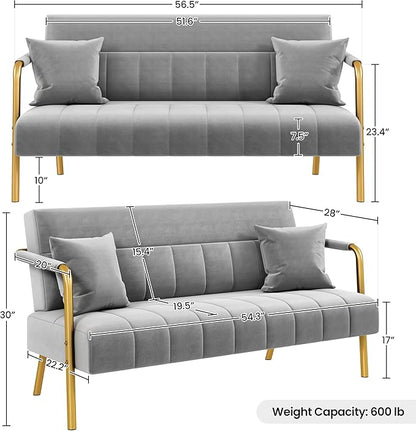 Yaheetech 56.5" W Modern Sofa Small Sofa Luxurious Velvet Fabric Couch with Gold-Tone Metal Arms and Legs for Living Room, Home Office, Studio Light Gray