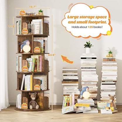 Aheaplus Rotating Bookshelf, 360 Display Wood Spinning Bookshelf Tower, 5 Tier Floor Standing Bookcase Storage Rack, Revolving Bookcase Corner Bookshelfs for Small Space, Study, Bed Room, Rustic Brown